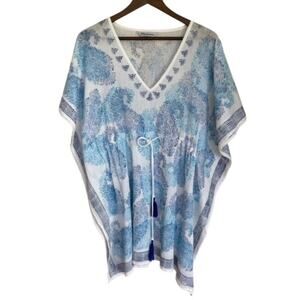 Dharma White and Blue V-Neck Kaftan - One Size